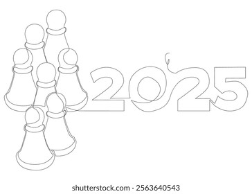 One continuous line of pawn, chess piece with number 2025. Thin Line Illustration vector concept. Contour Drawing Creative ideas.