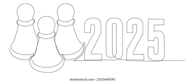 One continuous line of pawn, chess piece with number 2025. Thin Line Illustration vector concept. Contour Drawing Creative ideas.