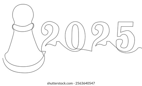 One continuous line of pawn, chess piece with number 2025. Thin Line Illustration vector concept. Contour Drawing Creative ideas.