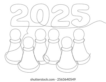 One continuous line of pawn, chess piece with number 2025. Thin Line Illustration vector concept. Contour Drawing Creative ideas.