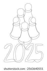 One continuous line of pawn, chess piece with number 2025. Thin Line Illustration vector concept. Contour Drawing Creative ideas.