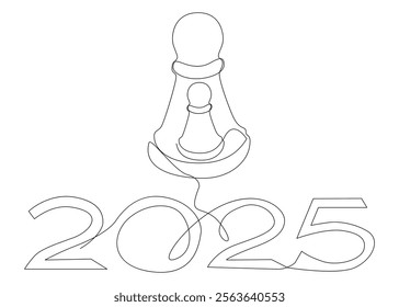 One continuous line of pawn, chess piece with number 2025. Thin Line Illustration vector concept. Contour Drawing Creative ideas.