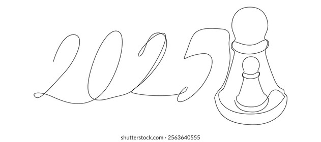 One continuous line of pawn, chess piece with number 2025. Thin Line Illustration vector concept. Contour Drawing Creative ideas.