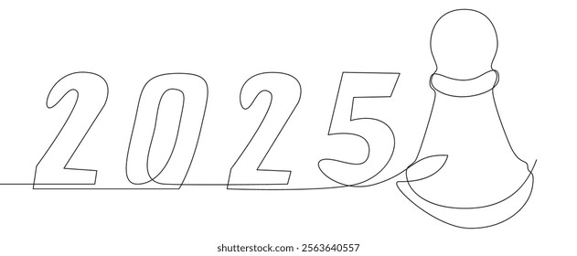 One continuous line of pawn, chess piece with number 2025. Thin Line Illustration vector concept. Contour Drawing Creative ideas.