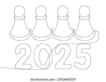 One continuous line of pawn, chess piece with number 2025. Thin Line Illustration vector concept. Contour Drawing Creative ideas.