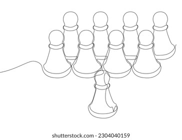 Una línea continua de peones, piezas de ajedrez. Concepto vectorial de Ilustración de peones de línea delgada. Contour Drawing Ideas Creativas.
