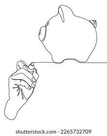 One continuous line of Piggy Bank drawn with a pencil, felt tip pen. Thin Line Illustration vector concept. Contour Drawing Creative ideas.