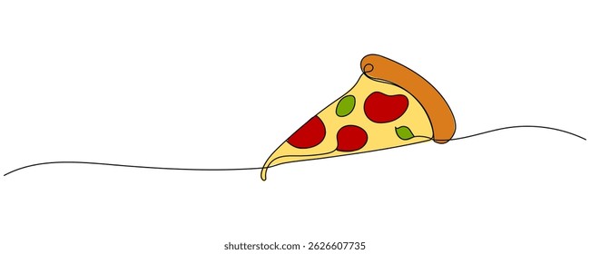 One continuous line pizza slice menu concept. Restaurant food pizzeria icon single line drawing. Hot dinner style vector graphic illustration Editable stroke