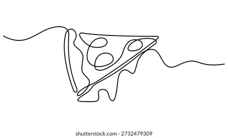 One continuous line pizza slice menu concept. Restaurant food pizzeria icon single line drawing. Pizza slice with melting cheese and pepperoni. Hot dinner style vector graphic illustration. Pro vector