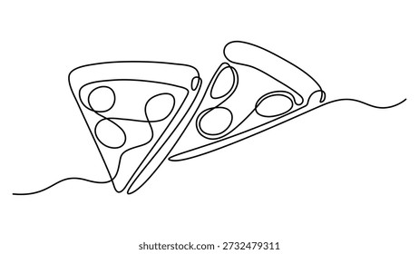 Um conceito de menu de pizza de linha contínua. Restaurante comida pizzaria ícone linha única desenho. Fatia de pizza com queijo derretido e pepperoni. Ilustração gráfica vetorial de estilo jantar quente. Pro vetor