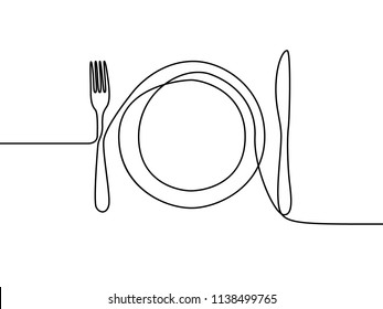 One continuous line plate  khife   fork  Vector illustration 