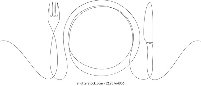 One continuous line plate, khife and fork. Vector illustration