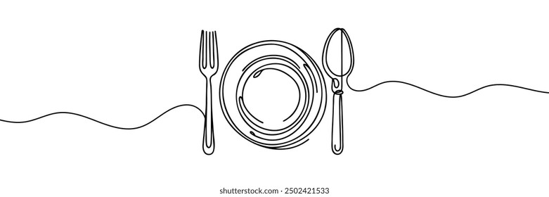 One continuous line plate, khife and fork. Vector illustration