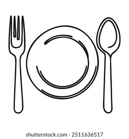 Una placa de línea continua, cuchillo y tenedor. Ilustración vectorial.