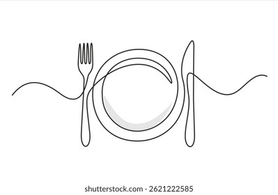 One continuous line plate, khife and fork. Vector illustration.
