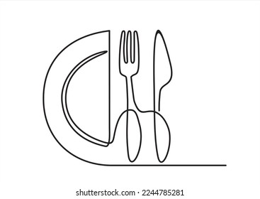 One continuous line plate, knife and fork. Vector illustration minimalism style drawing lineart isolated on white background.