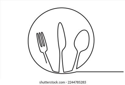 Una placa de línea continua, cuchillo y tenedor. Ilustración vectorial estilo minimalismo dibujo lineal aislado en fondo blanco.