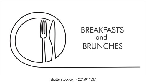One continuous line plate, knife and fork. Vector illustration minimalism style drawing lineart isolated on white background.