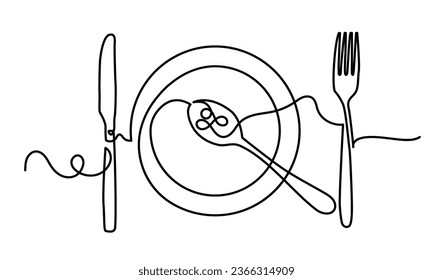One continuous line plate, knife, and fork.single line Cutlery design. Cutlery vector isolated on a white background.restaurant logo stock illustration.