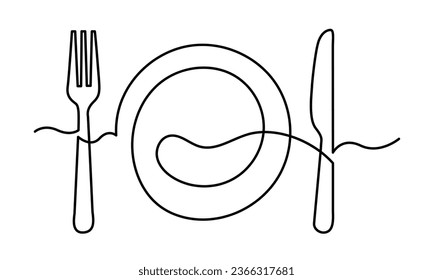 One continuous line plate, knife, and fork.single line Cutlery design. Cutlery vector isolated on a white background.restaurant logo stock illustration.