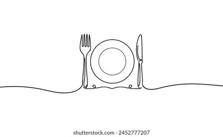 One continuous line plate, knife and fork. Vector illustration.