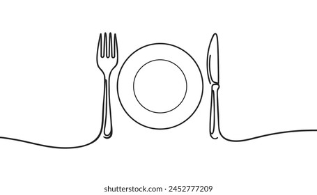 One continuous line plate, knife and fork. Vector illustration.