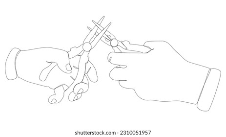 One continuous line of Pliers, Tongs. A hand tool used to hold objects securely. Thin Line Illustration vector concept. Contour Drawing Creative ideas.