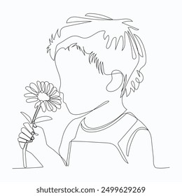 One continuous line portrait of child with flower.