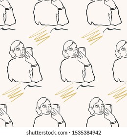 One continuous line portrait of a Trendy girl take a picture of yourself on the phone. Young woman dressed in pastel colors clothes. Pattern vector illustration