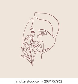 One continuous line portrait of woman with flower. Hand drawn linear face. Abstract minimalism style. Beauty and fashion. Vector decoration design for card, t-shirt, tattoo, poster. 