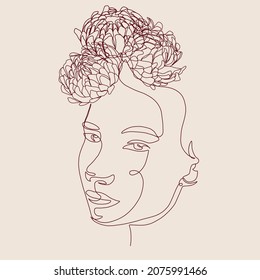 One continuous line portrait of woman with flower. Hand drawn linear face. Abstract minimalism style. Beauty and fashion. Vector decoration design for card, t-shirt, tattoo, poster. 