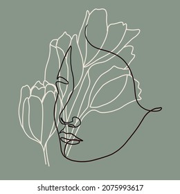 One continuous line portrait of woman with flower. Hand drawn linear face. Abstract minimalism style. Beauty and fashion. Vector decoration design for card, t-shirt, tattoo, poster. 