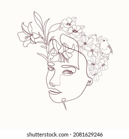 One continuous line portrait of woman with flower. Hand drawn linear face. Abstract minimalism style. Beauty and fashion. Vector decoration design for card, t-shirt, tattoo, poster. 