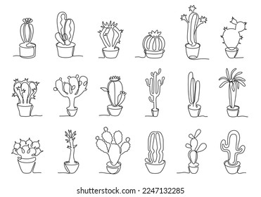 One continuous line potted cactus. Hand drawn Mexican cacti, home decor plants vector illustration set. Minimalistic design with indoor flowerpot with prickly houseplants isolated collection