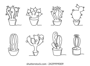 One continuous line potted cactus. Mexican prickly succulent with thorns in pots. Botanical plants with blooming flowers isolated vector set. Exotic houseplants for house decoration