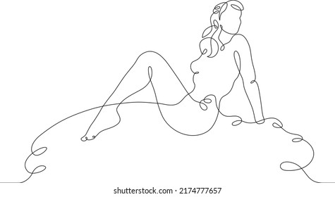 One continuous line. Pretty girl in a luxurious dress. Evening dress fitting. Portrait of a female character. One continuous line is drawn on a white background.