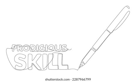 One continuous line of Prodigious Skill word written by with felt tip pen. Thin Line Illustration vector concept. Contour Drawing Creative ideas.