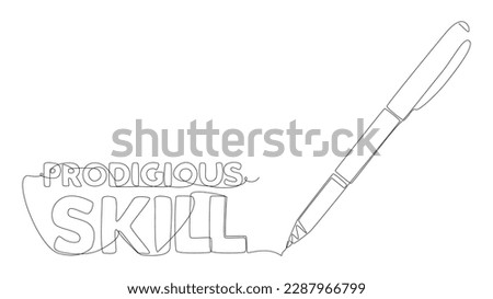 One continuous line of Prodigious Skill word written by with felt tip pen. Thin Line Illustration vector concept. Contour Drawing Creative ideas.