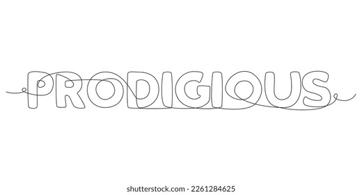 Una línea continua de palabra prodigiosa. Concepto vectorial de Ilustración de líneas delgadas. Contour Drawing Ideas Creativas.