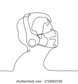 One continuous line profile portrait of a man who closed his eyes and enjoys listening to music on headphones. Listening to music, reading an audiobook, therapy with relaxing music, audio meditation