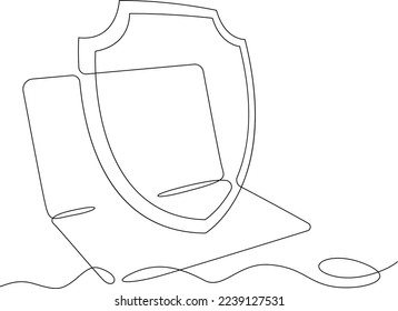 One continuous line. Protection of information. Shield and laptop. Open laptop. Information Security. Saving data. One continuous line on a white background.
