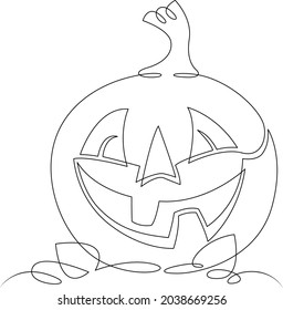 One continuous line. Pumpkin Jack with a smile face for halloween. One continuous drawing line logo isolated minimal illustration.