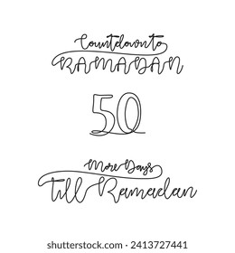 One continuous line for ramadan kareem count down day 50 vector illustration. Simple quotes for reminding ramadan kareem 1445 H will coming in simple linear style vector illustration. Ramadan kareem.