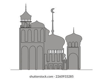 One continuous line of Ramadan poster with Arabic Architecture. Thin Line Illustration vector concept. Contour Drawing Creative ideas.