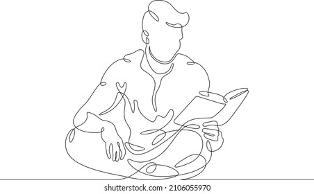 Eine durchgehende Zeile. Man liest ein Buch. Ein Student liest ein Lehrbuch. Library and Education.Continuous line Zeichnung.Line Kunst einzeln auf weißem Hintergrund.