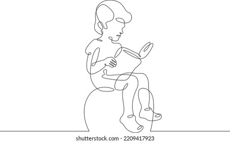 One continuous line.Kid reads a book. Education of children. Book reading. Child with an open book. One continuous line is drawn on a white background.
