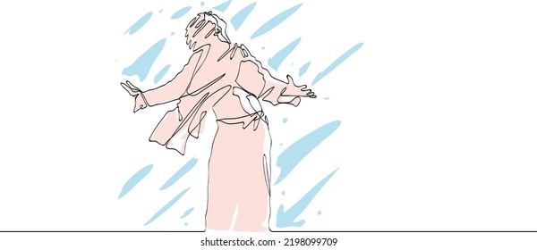 One continuous line redemption let go relief risen savior man in the rain minimal style vector
