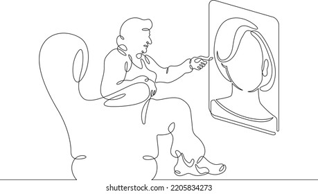 One continuous line. Retired woman in armchair talking via video link. Mobile phone screen. An old woman in a chair. Communication with relatives. One continuous line is drawn on a white background.