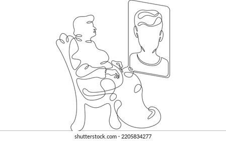 One continuous line. Retired woman in armchair talking via video link. Mobile phone screen. An old woman in a chair. Communication with relatives. One continuous line is drawn on a white background.
