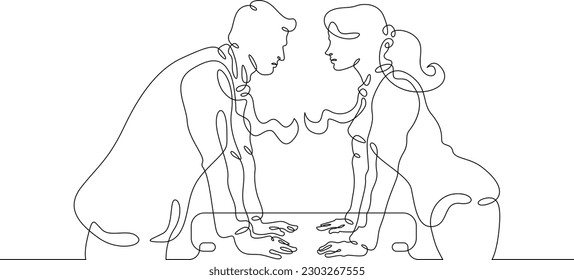 Una línea continua. Rivalidad. Disputa entre una mujer y un hombre. Un duelo de dos sexos. Disputa. Hombre contra mujer. Una línea continua dibujada aislada, fondo blanco.